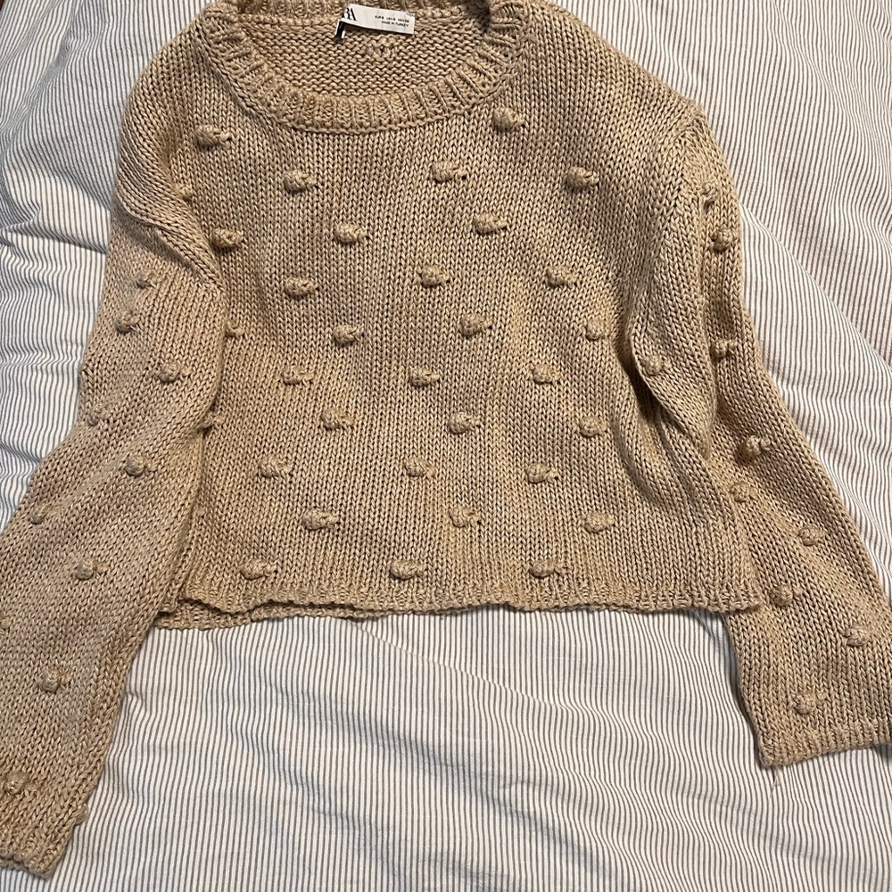 Zara Cream Crew Neck Sweater with Textured Pom Pom’s